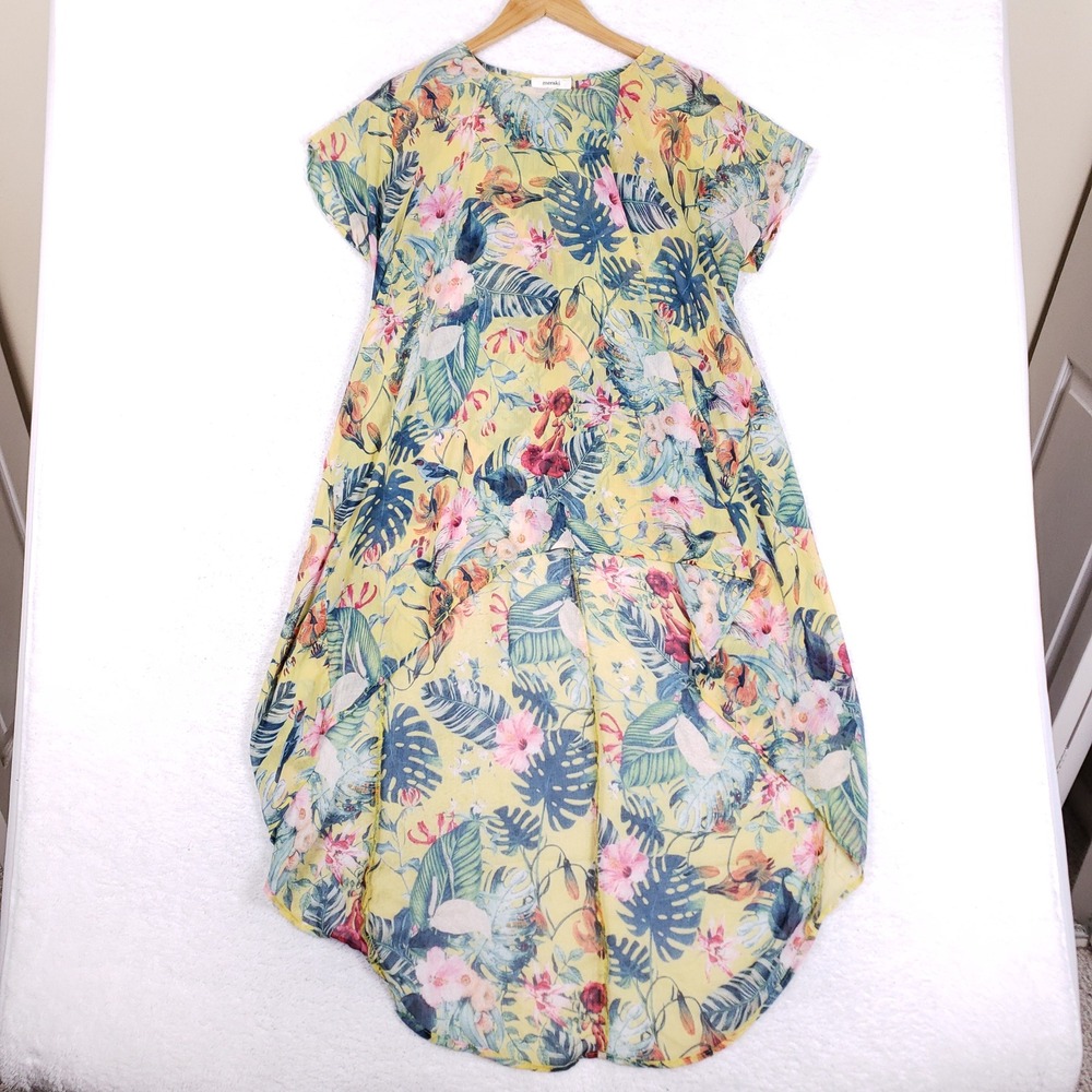 Meraki Tropical‎ Dress Womens M High Low Yellow Floral Vacation Sheer